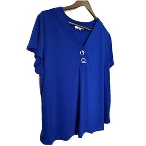 89th & Madison Blouse Cobalt Royal Blue V-neck Plus 1x Metal Hardware Career‎